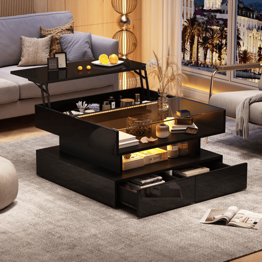 Mesa de centro elevável retangular de painel de partículas com luz led,preto Mesa de centro elevável retangular de painel de partículas com luz led,preto