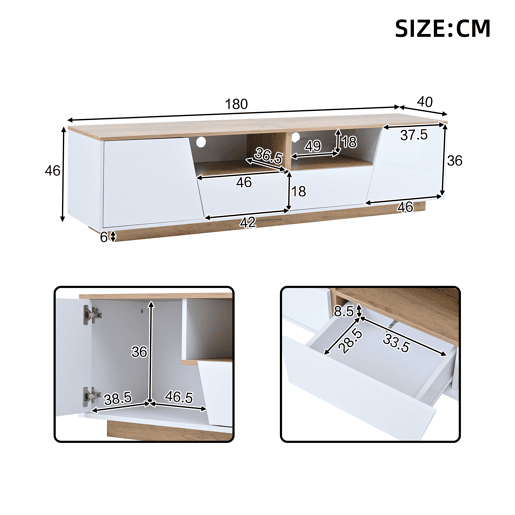 Móvel de TV 180 cm de painel de partículas com 2 portas,2 gavetas e luz led,branco+natural