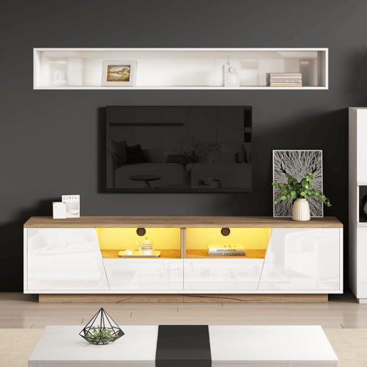 Móvel de TV 180 cm de painel de partículas com 2 portas,2 gavetas e luz led,branco+natural