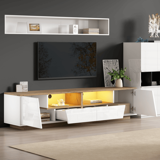Móvel de TV 180 cm de painel de partículas com 2 portas,2 gavetas e luz led,branco+natural