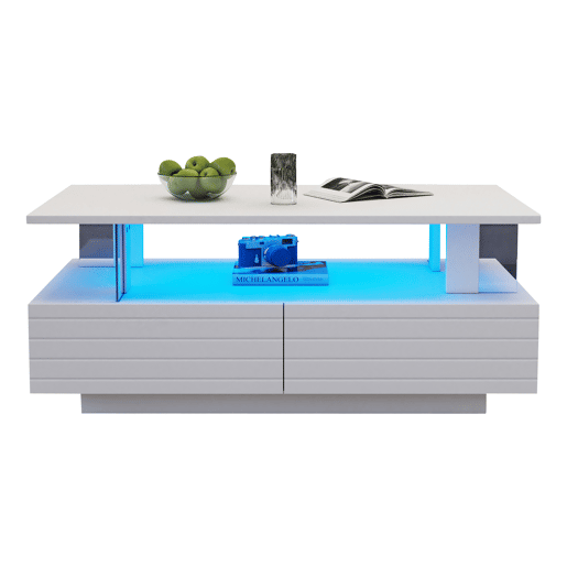 Mesa de centro retangular de acrÃlico com 2 gavetas e luz led,branco Mesa de centro retangular de acrÃlico com 2 gavetas e luz led,branco