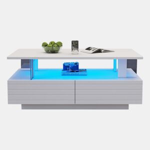 Mesa de centro retangular de acrílico com 2 gavetas e luz led,branco