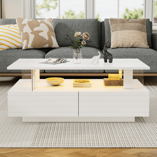 Mesa de centro retangular de acrÃlico com 2 gavetas e luz led,branco Mesa de centro retangular de acrÃlico com 2 gavetas e luz led,branco