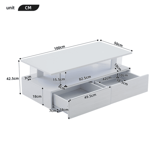 Mesa de centro retangular de acrÃlico com 2 gavetas e luz led,branco Mesa de centro retangular de acrÃlico com 2 gavetas e luz led,branco
