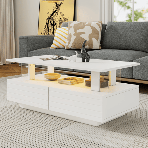Mesa de centro retangular de acrÃlico com 2 gavetas e luz led,branco Mesa de centro retangular de acrÃlico com 2 gavetas e luz led,branco