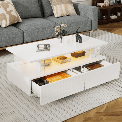 Mesa de centro retangular de acrÃlico com 2 gavetas e luz led,branco Mesa de centro retangular de acrÃlico com 2 gavetas e luz led,branco