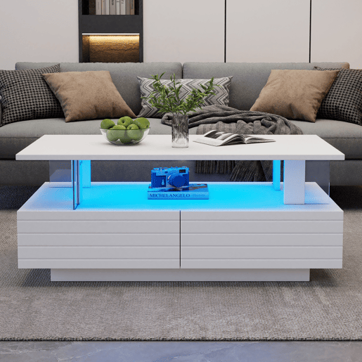 Mesa de centro retangular de acrÃlico com 2 gavetas e luz led,branco Mesa de centro retangular de acrÃlico com 2 gavetas e luz led,branco