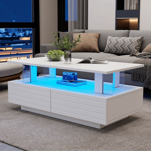 Mesa de centro retangular de acrÃlico com 2 gavetas e luz led,branco Mesa de centro retangular de acrÃlico com 2 gavetas e luz led,branco