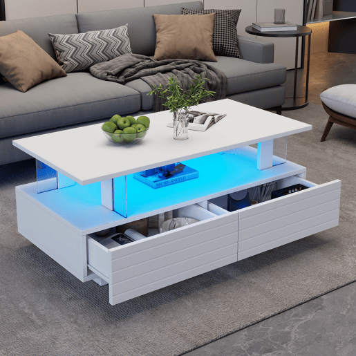 Mesa de centro retangular de acrÃlico com 2 gavetas e luz led,branco Mesa de centro retangular de acrÃlico com 2 gavetas e luz led,branco