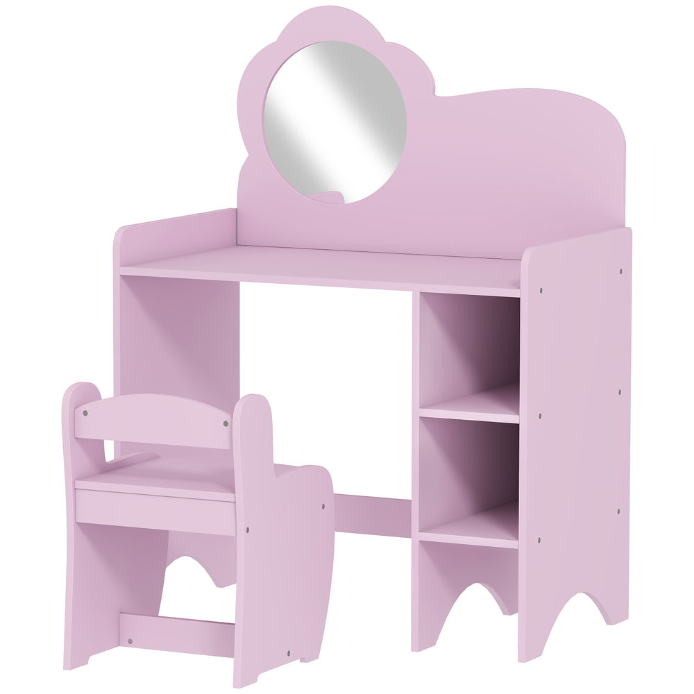 Aiyaplay tocador de maquillaje niña, 2 en 1, escritorio, tocador infantil con taburete, espejo en forma de flor, estantes abiertos, para niños +3 años