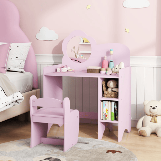 AIYAPLAY Toucador para Crianças com Banco e Espelho em Forma de Flor Toucador para Meninas com Compartimentos Abertos Mesa de Maquilhagem para Crianças de 3-8 Anos 70x39x92,5 cm Roxo AIYAPLAY Toucador para Crianças com Banco e Espelho em Forma de Flor Toucador para Meninas com Compartimentos Abertos Mesa de Maquilhagem para Crianças de 3-8 Anos 70x39x92,5 cm Roxo