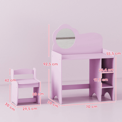 AIYAPLAY Toucador para Crianças com Banco e Espelho em Forma de Flor Toucador para Meninas com Compartimentos Abertos Mesa de Maquilhagem para Crianças de 3-8 Anos 70x39x92,5 cm Roxo AIYAPLAY Toucador para Crianças com Banco e Espelho em Forma de Flor Toucador para Meninas com Compartimentos Abertos Mesa de Maquilhagem para Crianças de 3-8 Anos 70x39x92,5 cm Roxo