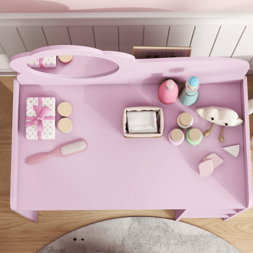 AIYAPLAY Toucador para Crianças com Banco e Espelho em Forma de Flor Toucador para Meninas com Compartimentos Abertos Mesa de Maquilhagem para Crianças de 3-8 Anos 70x39x92,5 cm Roxo AIYAPLAY Toucador para Crianças com Banco e Espelho em Forma de Flor Toucador para Meninas com Compartimentos Abertos Mesa de Maquilhagem para Crianças de 3-8 Anos 70x39x92,5 cm Roxo