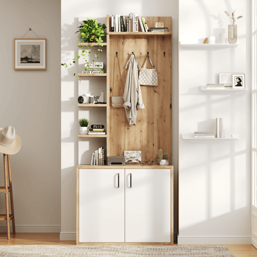 Móvel de entrada de painel de partículas com sapateira,natural+branco