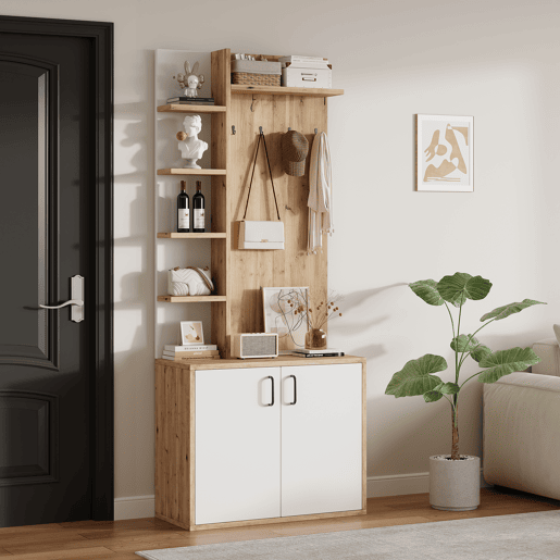 Móvel de entrada de painel de partículas com sapateira,natural+branco