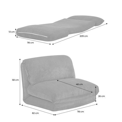 Poltrona grande em veludo canelado grosso, 1 lugar, Cosy, Cinza, 209x78x58 cm