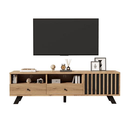 Móvel de TV 150 cm de painel de partículas com 1 porta e 2 gavetas,natural+preto