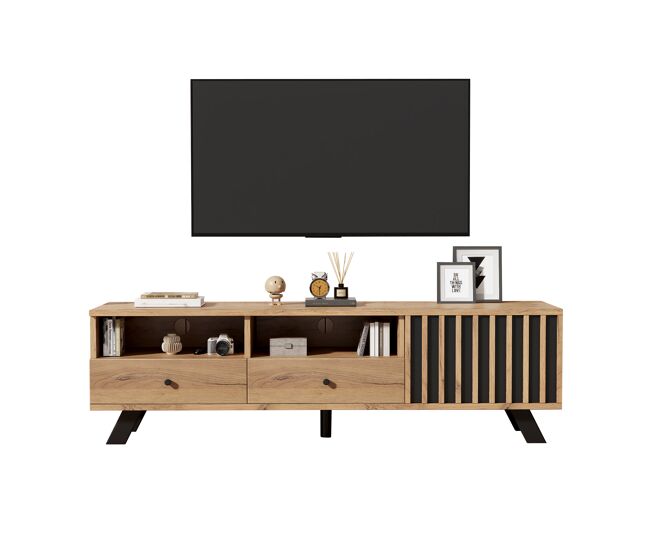 Mueble TV 150 cm de panel de partículas con 1 puerta y 2 cajones,natural+negro