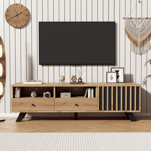 Móvel de TV 150 cm de painel de partículas com 1 porta e 2 gavetas,natural+preto