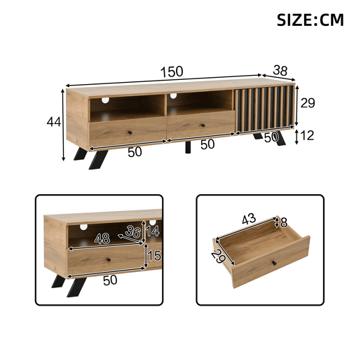 Móvel de TV 150 cm de painel de partículas com 1 porta e 2 gavetas,natural+preto