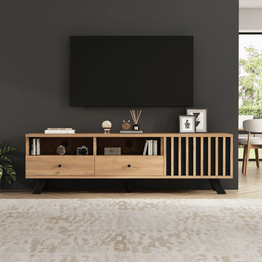 Móvel de TV 150 cm de painel de partículas com 1 porta e 2 gavetas,natural+preto