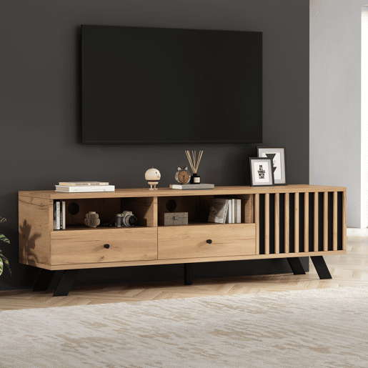 Móvel de TV 150 cm de painel de partículas com 1 porta e 2 gavetas,natural+preto