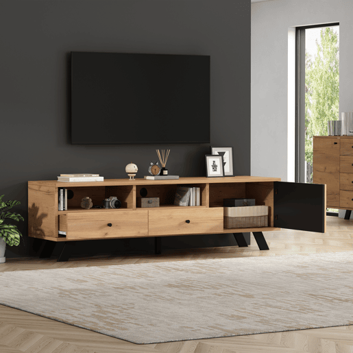 Móvel de TV 150 cm de painel de partículas com 1 porta e 2 gavetas,natural+preto