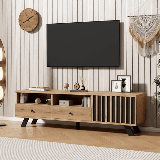 Móvel de TV 150 cm de painel de partículas com 1 porta e 2 gavetas,natural+preto