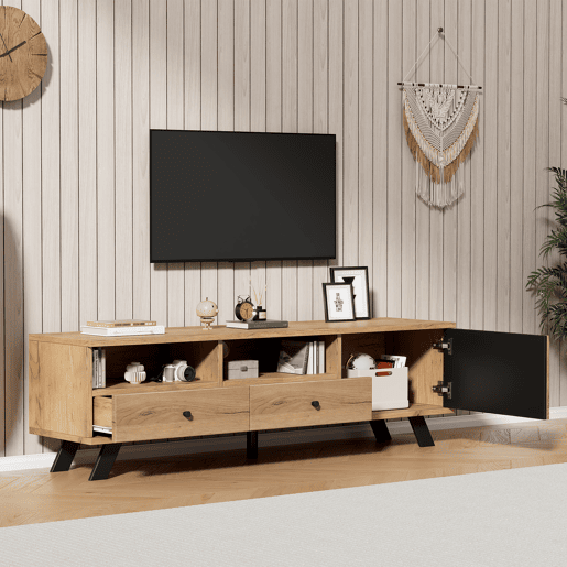 Móvel de TV 150 cm de painel de partículas com 1 porta e 2 gavetas,natural+preto