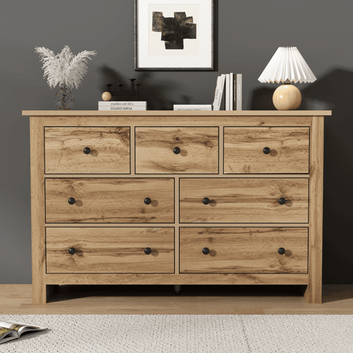 Cômoda dupla de painel de partículas com 7 gavetas,natural