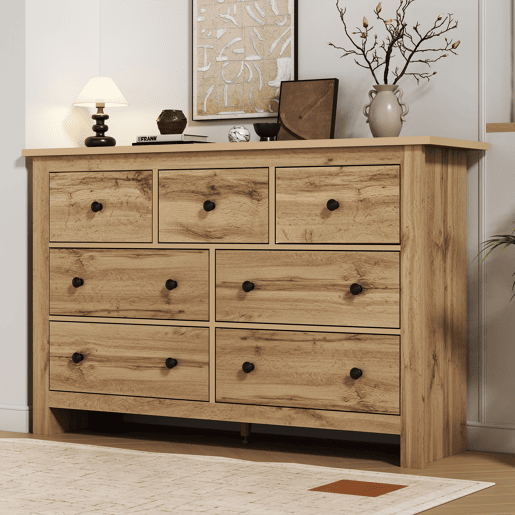 Cômoda dupla de painel de partículas com 7 gavetas,natural