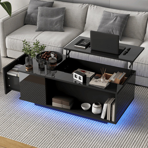 Mesa de centro elevável retangular de painel de partículas com luz led,preto
