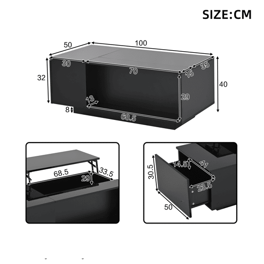Mesa de centro elevável retangular de painel de partículas com luz led,preto