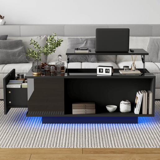 Mesa de centro elevável retangular de painel de partículas com luz led,preto