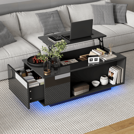 Mesa de centro elevável retangular de painel de partículas com luz led,preto