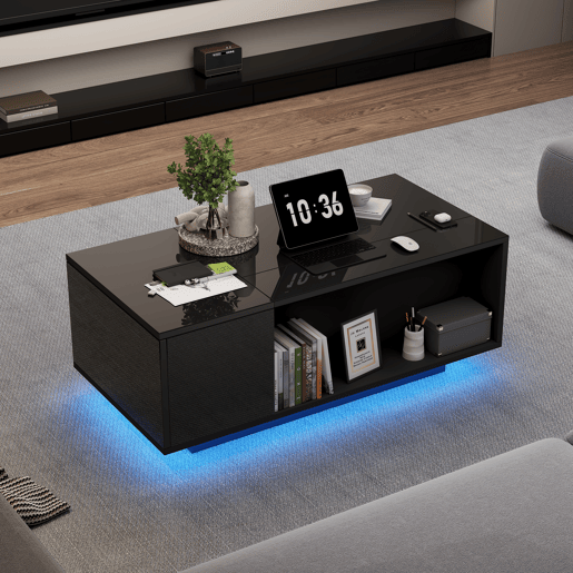 Mesa de centro elevável retangular de painel de partículas com luz led,preto