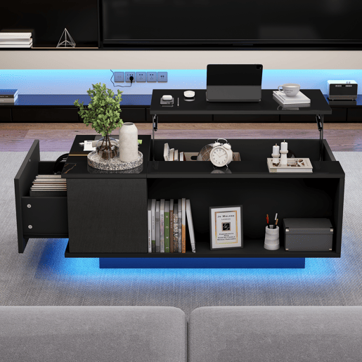 Mesa de centro elevável retangular de painel de partículas com luz led,preto