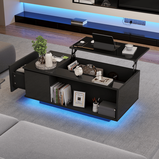 Mesa de centro elevável retangular de painel de partículas com luz led,preto