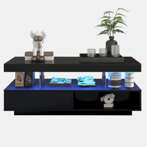 Mesa de centro retangular de painel de partículas com 2 gavetas e luz led,preto