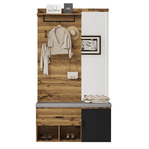 Móvel de entrada de painel de partículas com sapateira e espelho,natural+negro