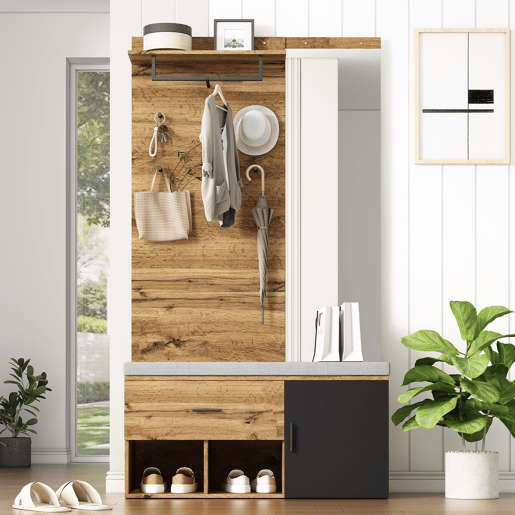 Móvel de entrada de painel de partículas com sapateira e espelho,natural+negro