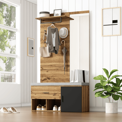 Móvel de entrada de painel de partículas com sapateira e espelho,natural+negro