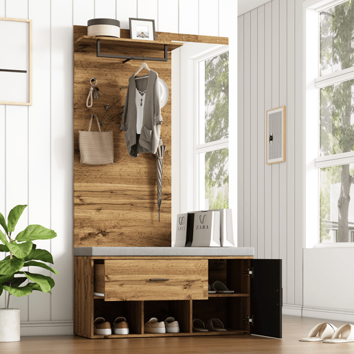 Móvel de entrada de painel de partículas com sapateira e espelho,natural+negro