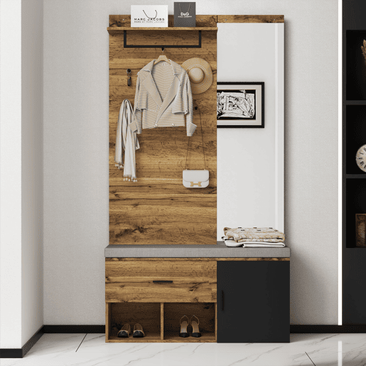 Móvel de entrada de painel de partículas com sapateira e espelho,natural+negro