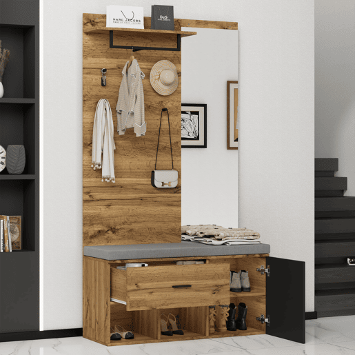 Móvel de entrada de painel de partículas com sapateira e espelho,natural+negro