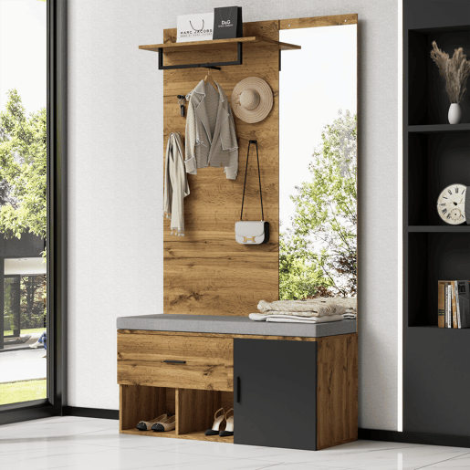 Móvel de entrada de painel de partículas com sapateira e espelho,natural+negro