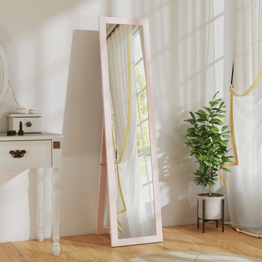 HOMCOM Espelho de Corpo Inteiro 37x155 cm Espelho de Pé Espelho de Parede Retangular com Estrutura de Madeira Decorativo para Sala de Estar Dormitório Corredor Rosa Claro HOMCOM Espelho de Corpo Inteiro 37x155 cm Espelho de Pé Espelho de Parede Retangular com Estrutura de Madeira Decorativo para Sala de Estar Dormitório Corredor Rosa Claro