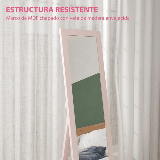 HOMCOM Espelho de Corpo Inteiro 37x155 cm Espelho de Pé Espelho de Parede Retangular com Estrutura de Madeira Decorativo para Sala de Estar Dormitório Corredor Rosa Claro HOMCOM Espelho de Corpo Inteiro 37x155 cm Espelho de Pé Espelho de Parede Retangular com Estrutura de Madeira Decorativo para Sala de Estar Dormitório Corredor Rosa Claro