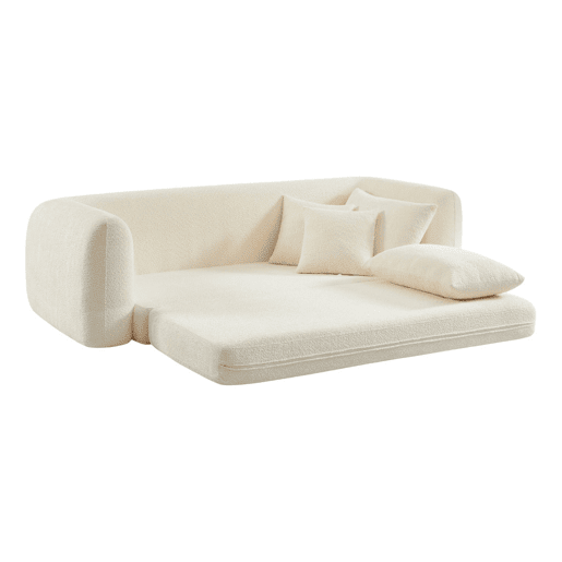 Sofá-cama boucle texturizada de 3 lugares, Sweeetch, Branco sujo, 243x112x83 cm