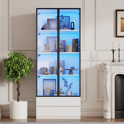 Vitrine de painel de partículas com 2 portas,2 gavetas e luz led,blanco